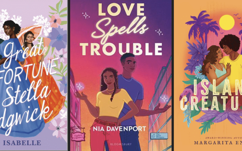 The covers of the three books are next to each other. The Great Misfortune of Stella Sedgwick, Love Spells Trouble and Island Creatures. Each are described in detail in the alt text on the individual images within the post.